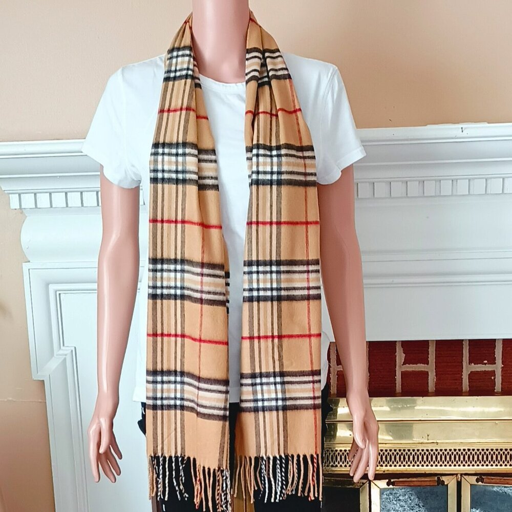 V. Fraas Cashmink Plaid Scarf Rectangular Tan Red Black with Fringe